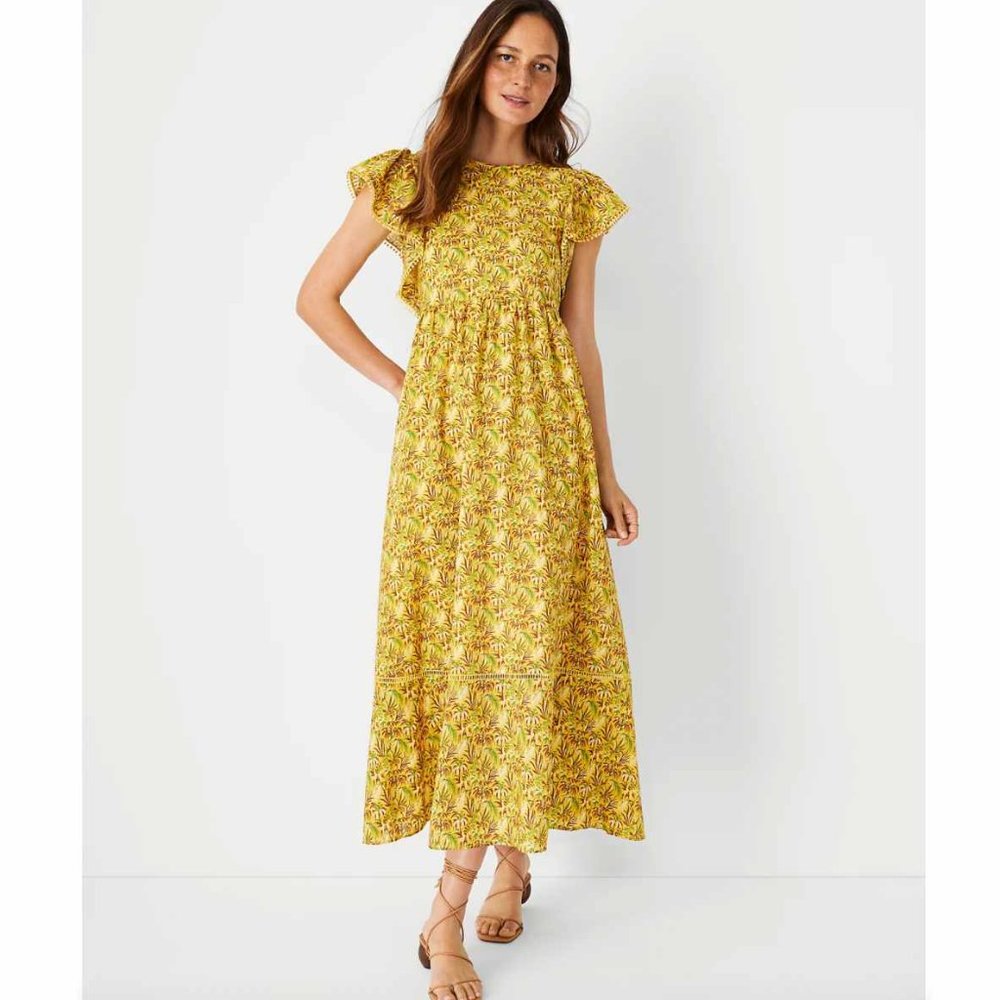 Ann Taylor Palm Tree Ruffle Sleeve Flare Dress